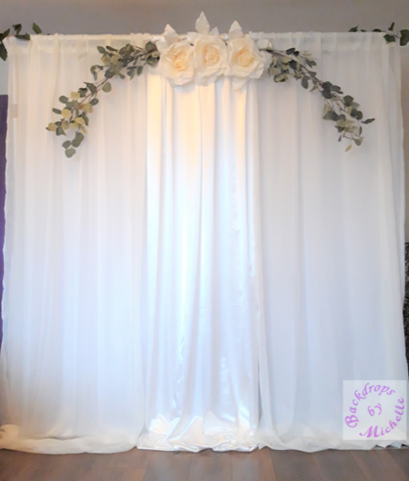 ivory-white satin-hanging down-eucalyptus arch-cream roses